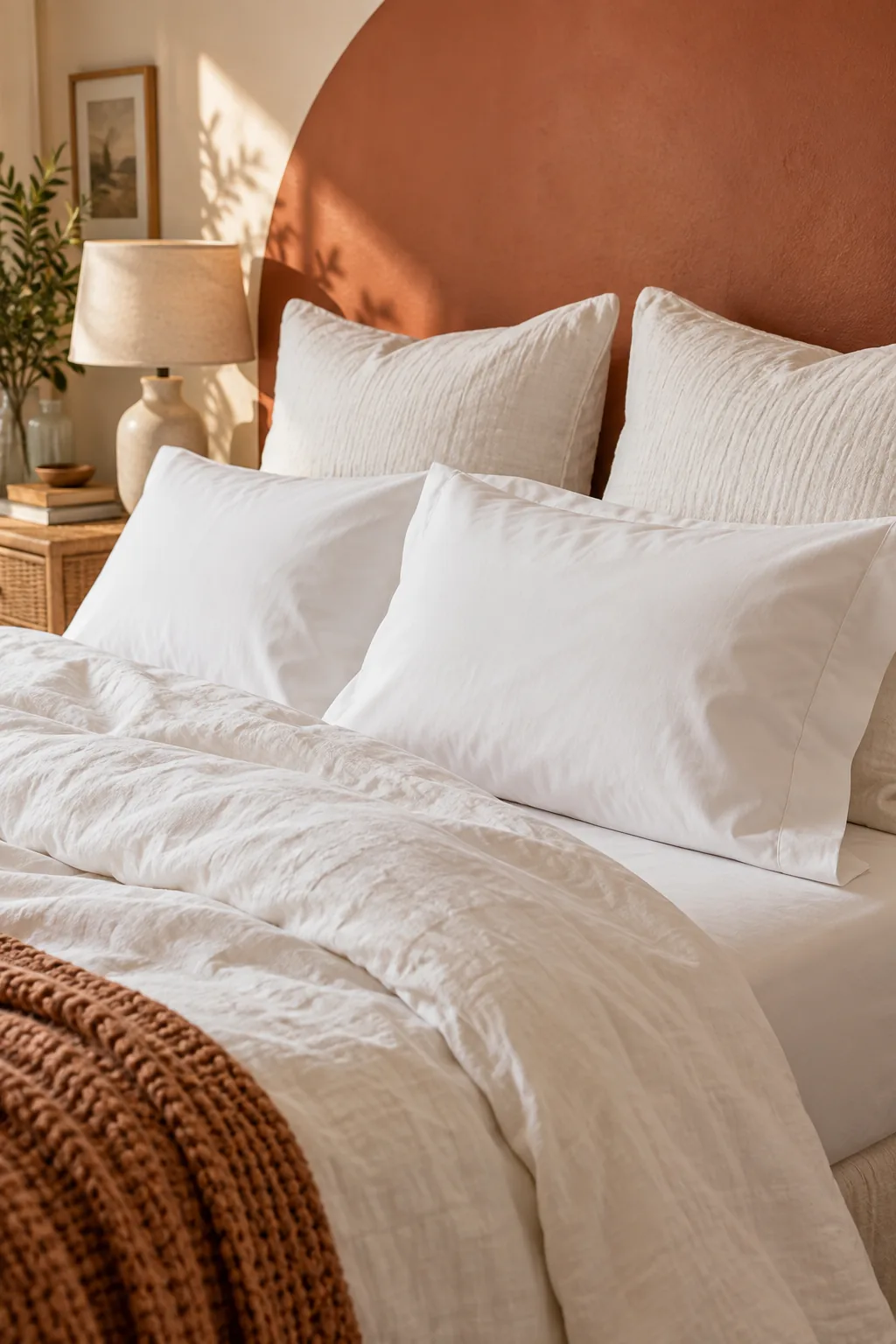Two large square pillows in textured white shams standing upright against a terracotta wall.