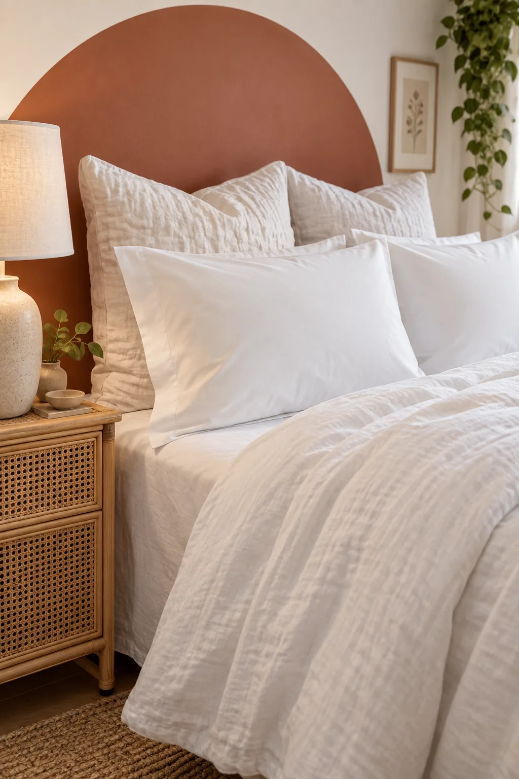 Smooth, wrinkle-free white pillowcases resting in front of textured decorative cushions on a bed.