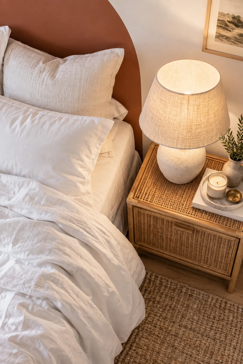Ceramic table lamp with a linen shade sitting on a rattan nightstand beside a white bed.