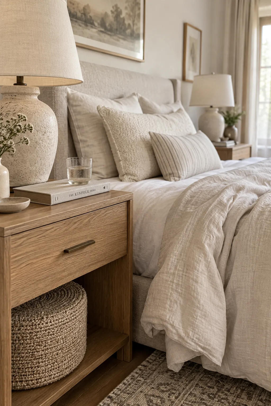 A symmetrical bedroom with a centered bed and matching nightstands on either side
