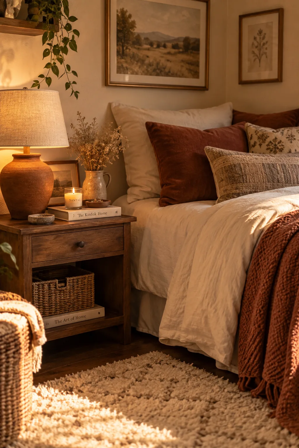A bed pushed into the corner of a small room to maximize floor space