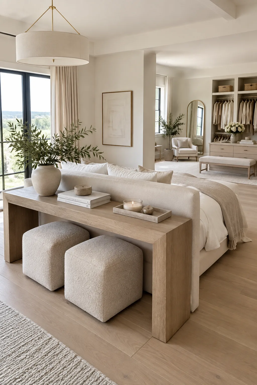 A bed floating in the middle of a large room with a console table behind the headboard
