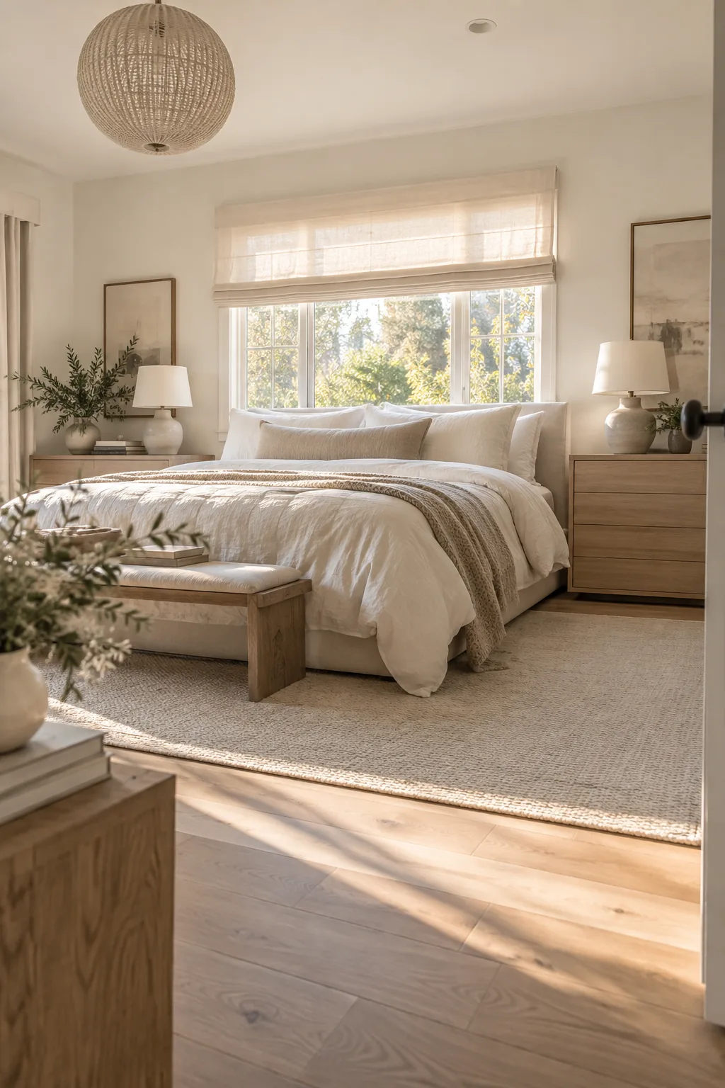 A bed positioned directly beneath a large bedroom window with low dressers on the sides