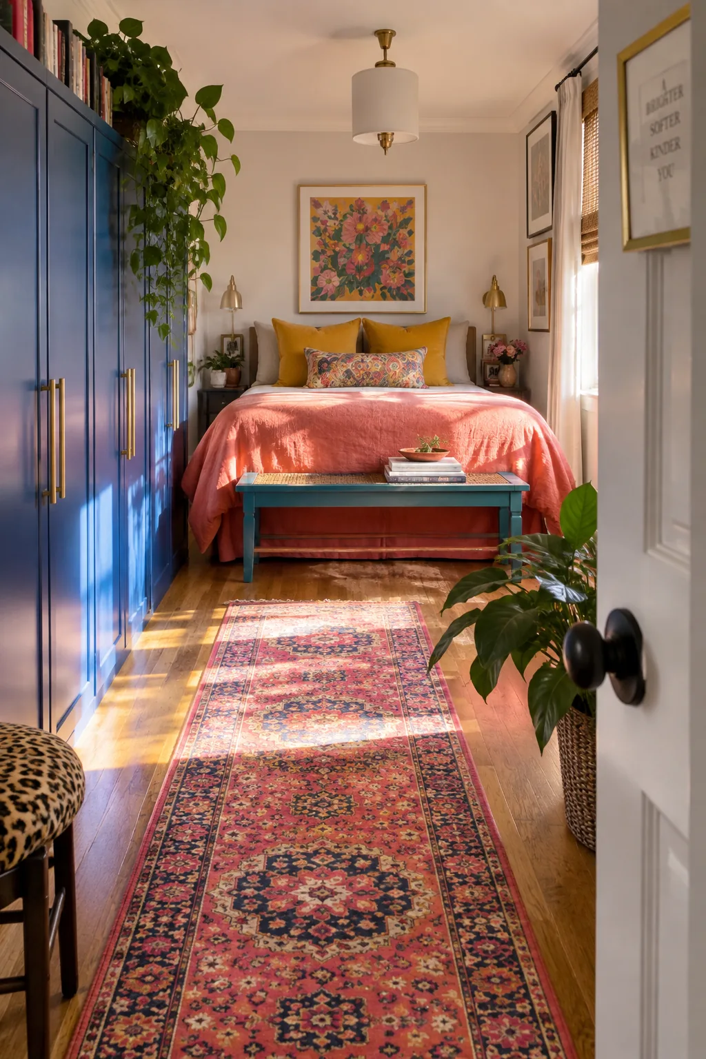 A narrow bedroom with the bed on the far wall and dressers along the side wall