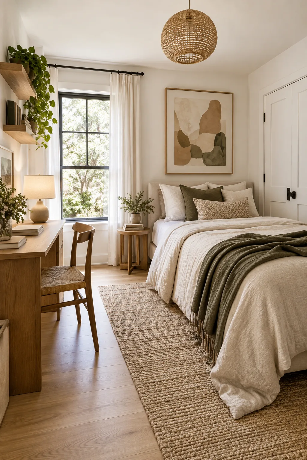 A bed placed off-center on a wall with a desk on the wider side