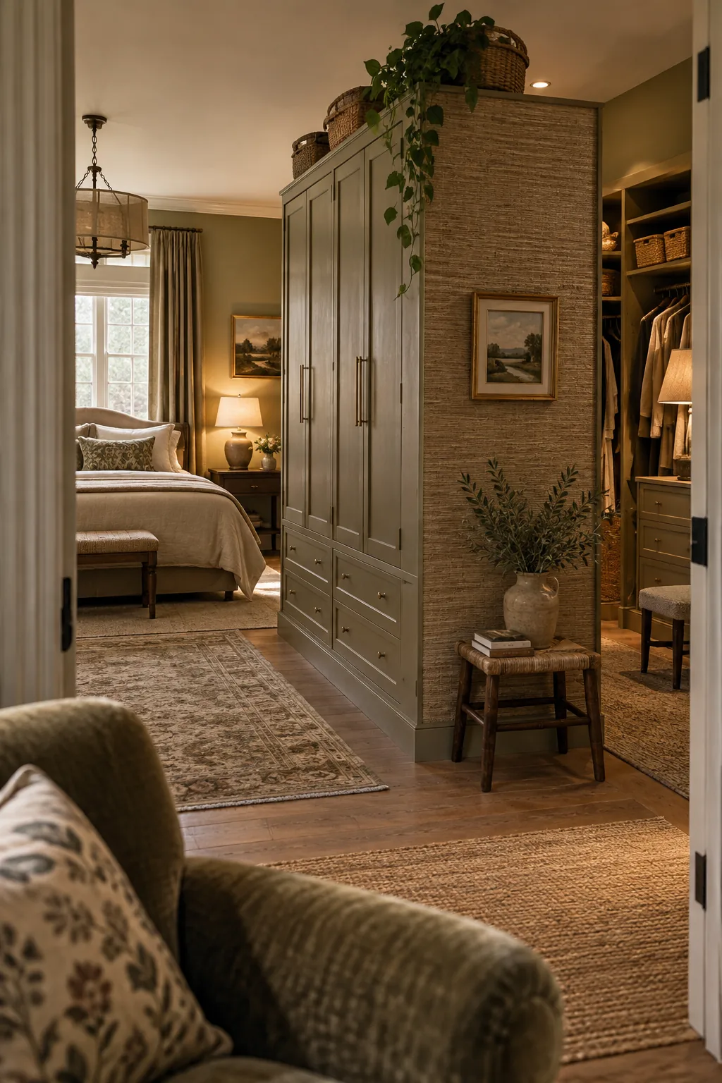 A freestanding wardrobe placed in the middle of a bedroom to create a closet corridor