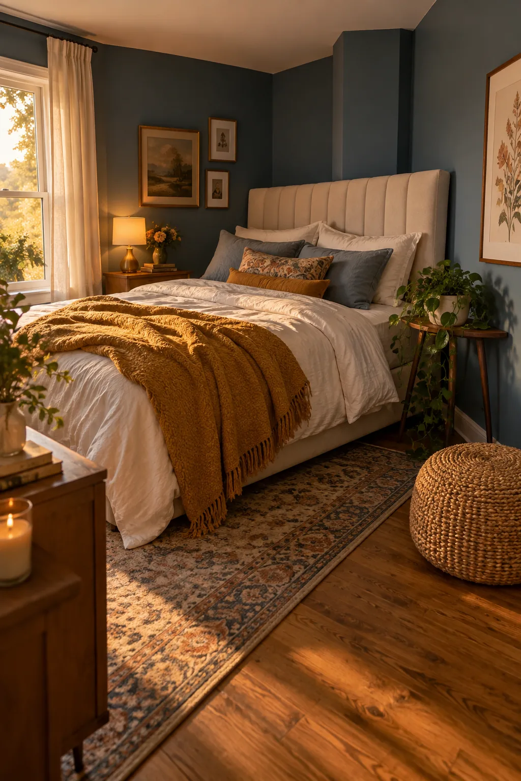 A bed angled diagonally across the corner of a bedroom