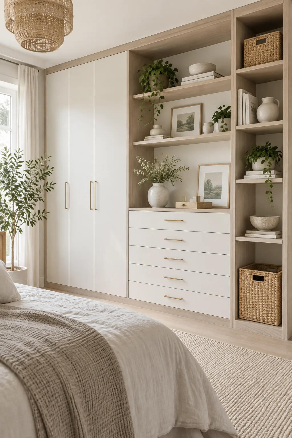 A bedroom with all storage furniture grouped together on one wall