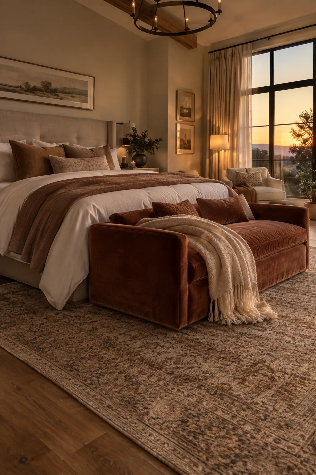 A large bed with a low loveseat placed at the foot of it