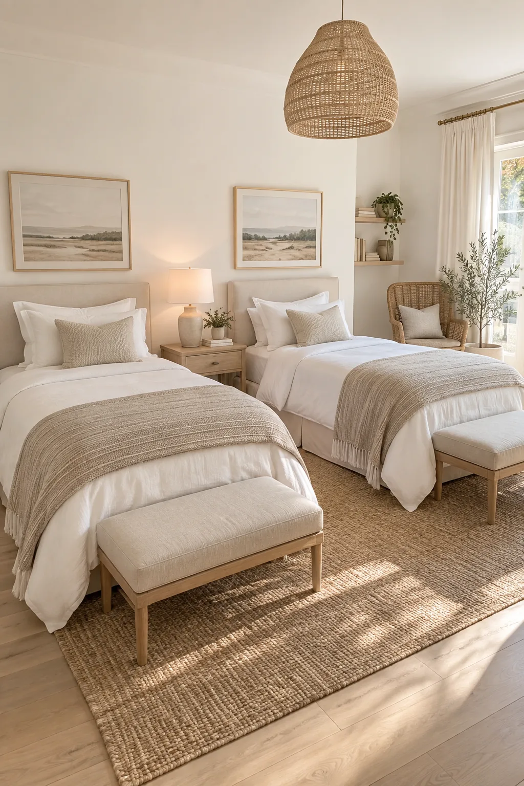 Two twin beds side by side with a shared nightstand in the middle