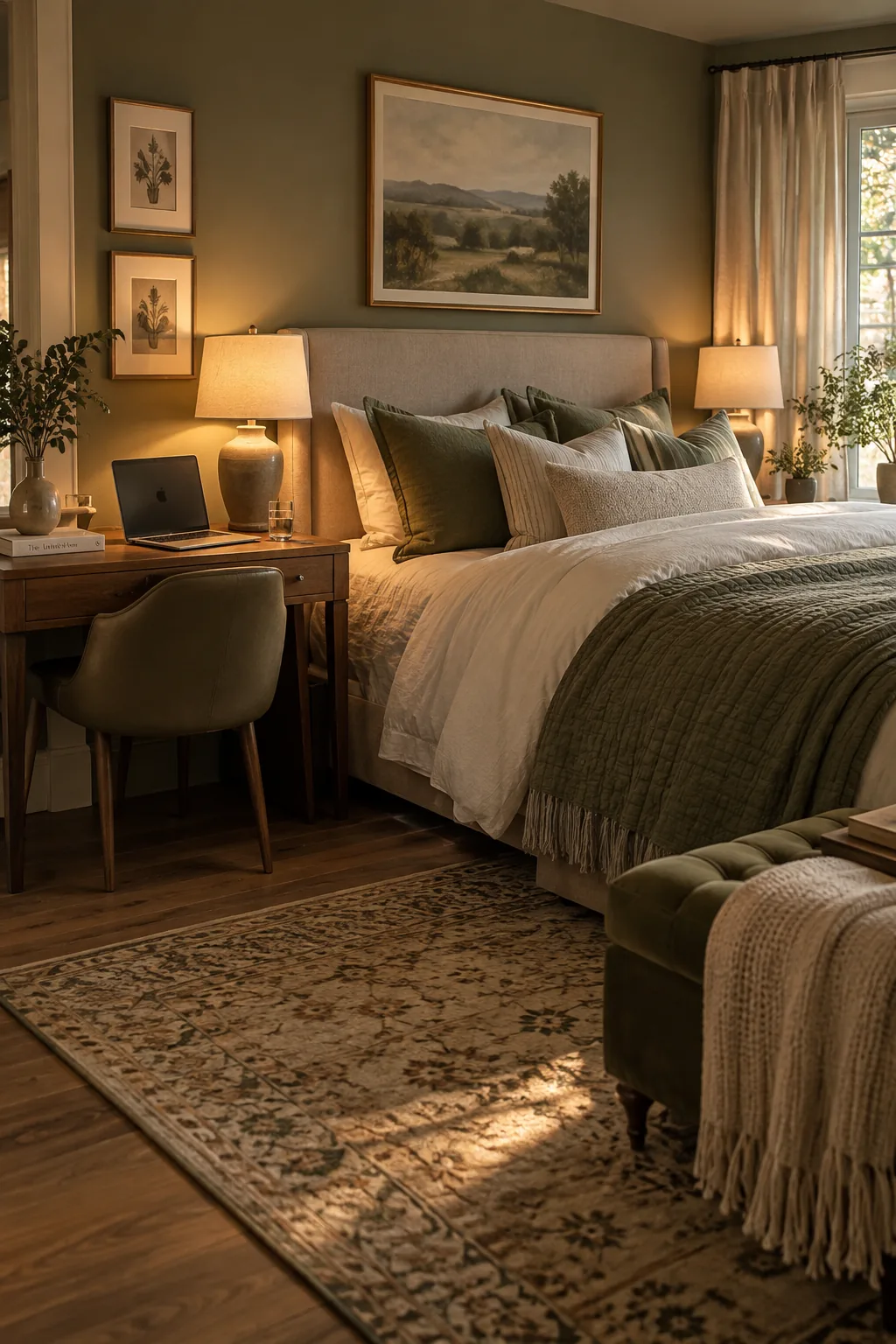 A bedroom where a writing desk is used in place of a nightstand next to the bed