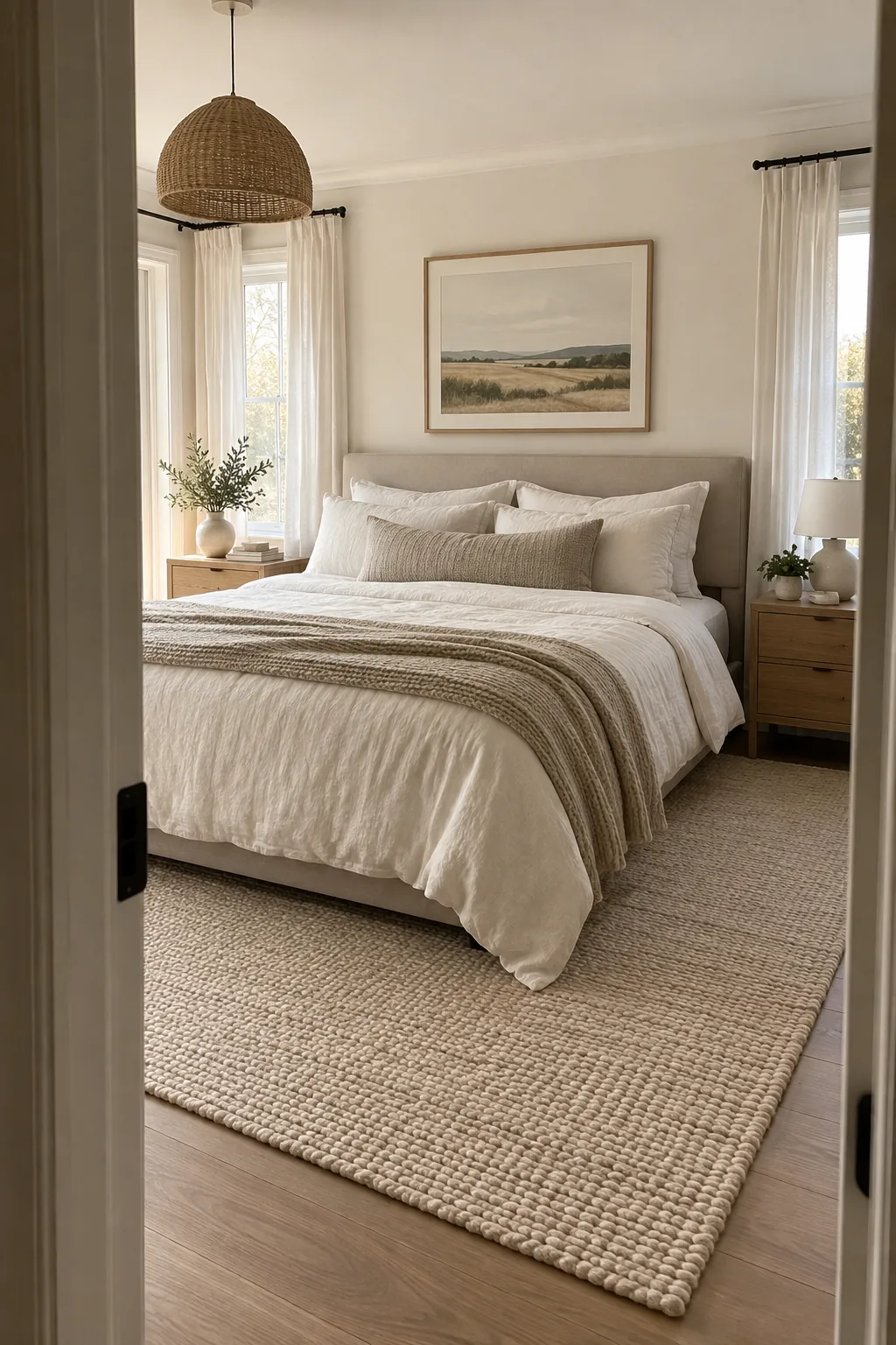 A queen bed sitting on a large area rug that extends out on all sides