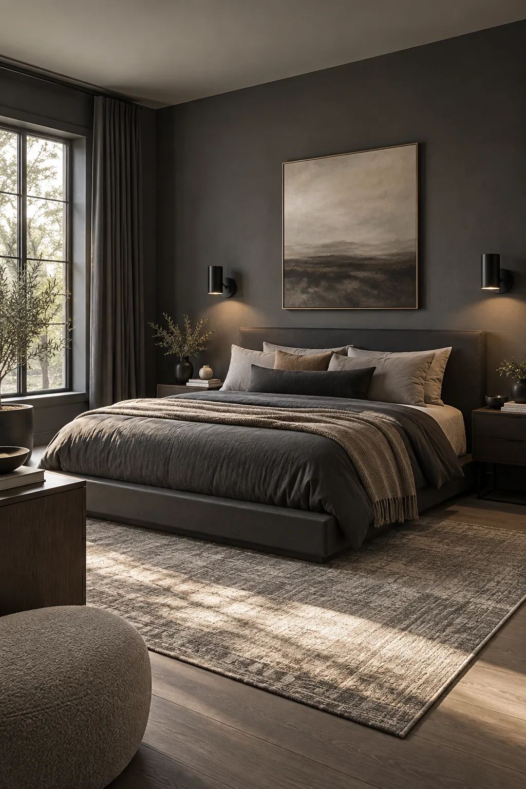 Charcoal gray minimalist bedroom with a low platform bed.