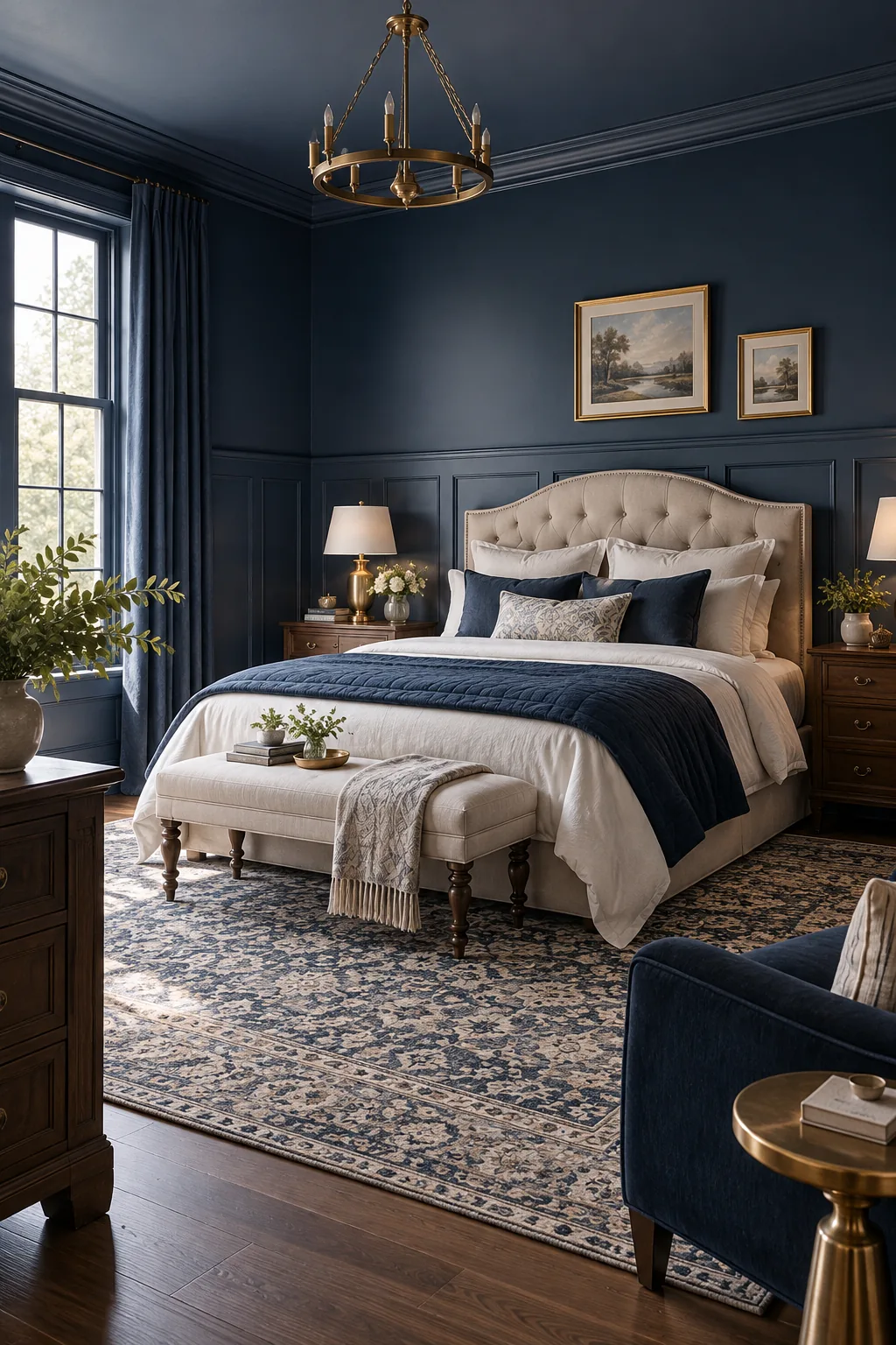 Deep navy blue traditional bedroom with matching wainscoting.