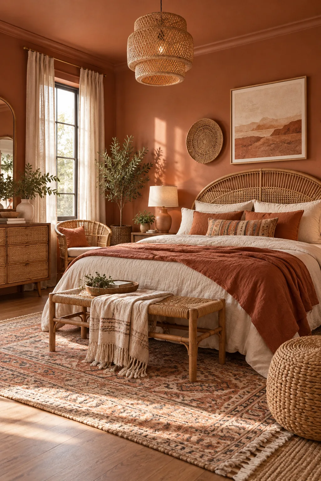 Warm terracotta bedroom with rattan furniture and layered rugs.