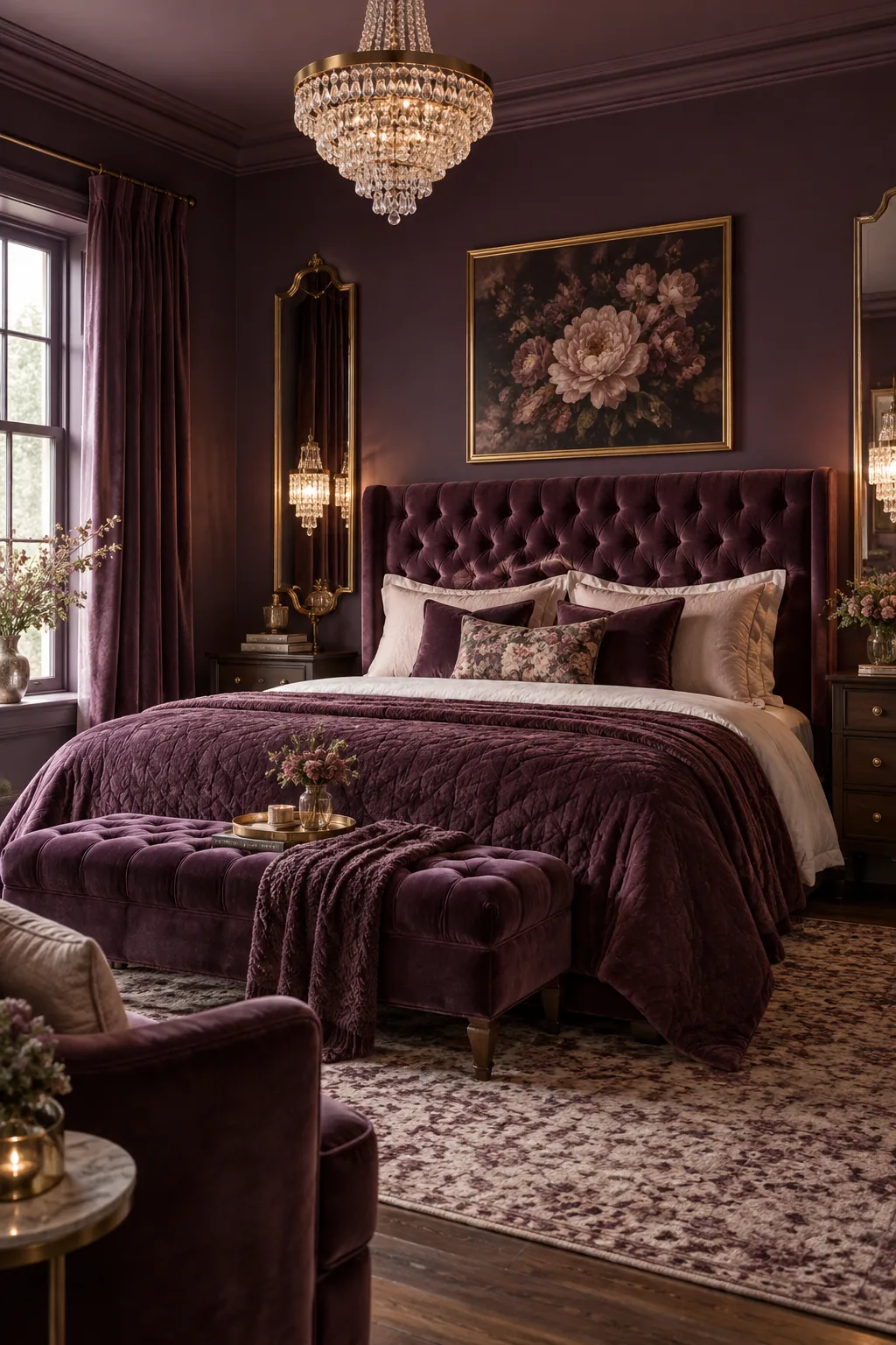 Rich plum bedroom with a velvet headboard and crystal lighting.