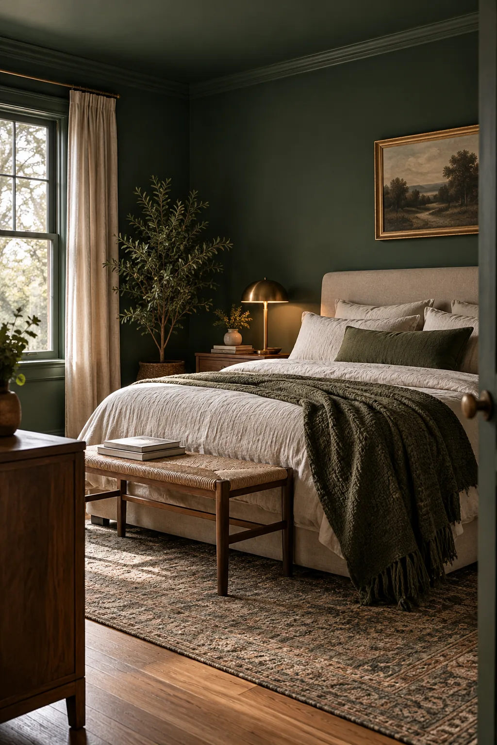 Deep green bedroom walls wrapping around a cozy sleeping area.