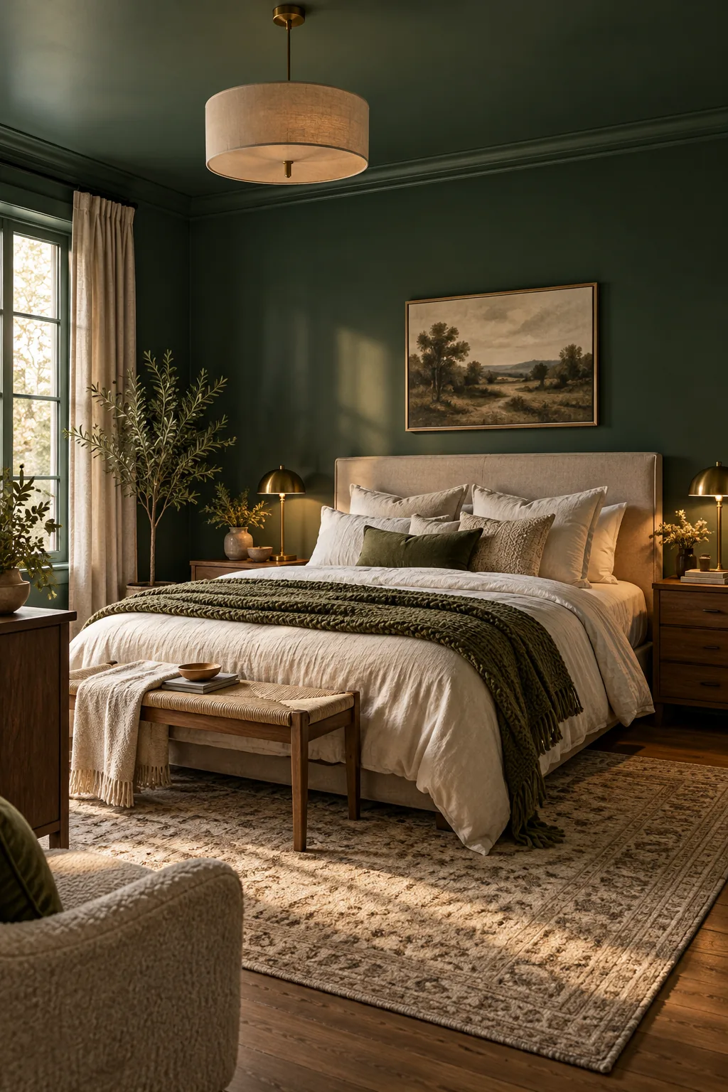 Brass dome lamp turned on next to a dark painted wall.
