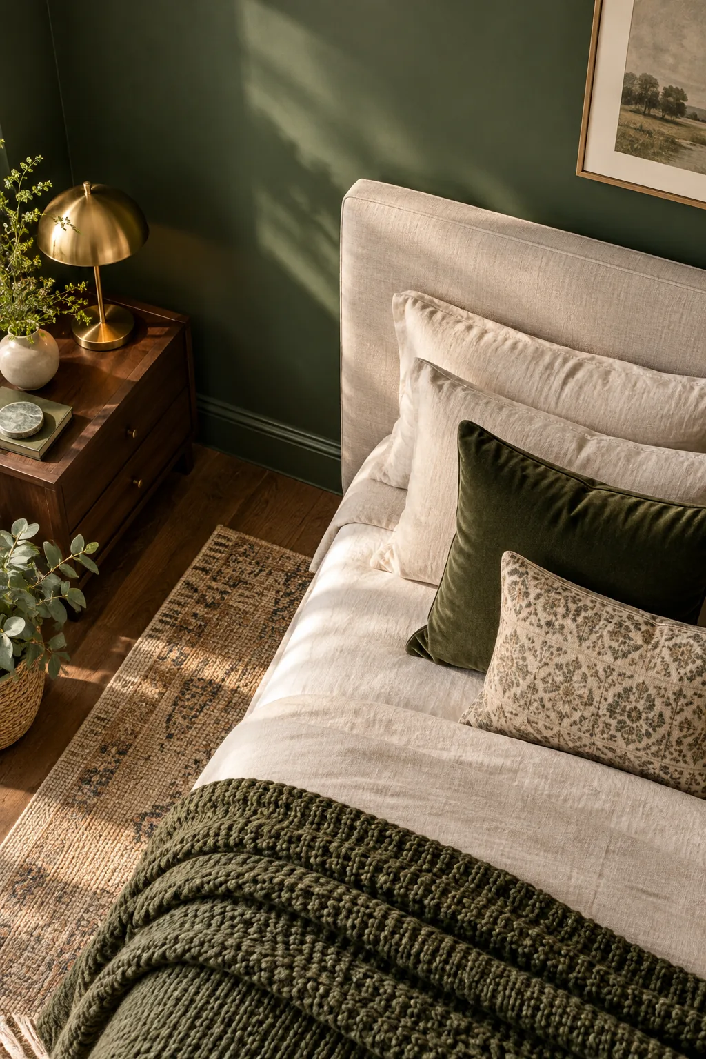 Smooth dark green wall behind a beige linen headboard.