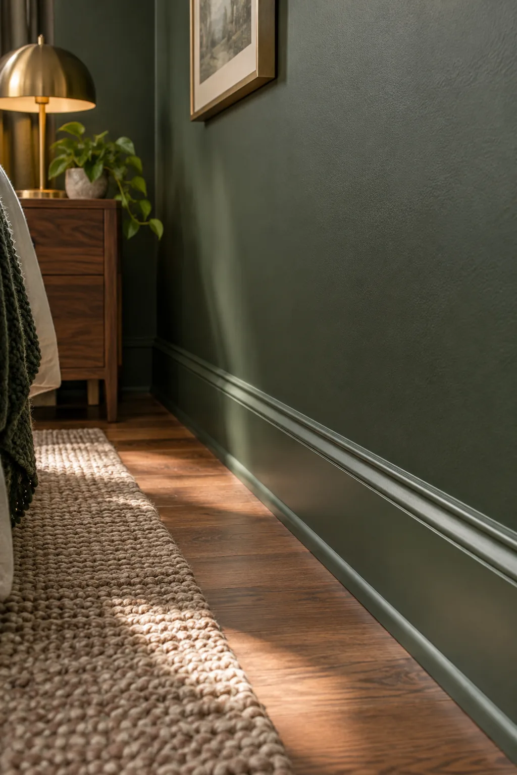Dark green painted baseboard meeting a hardwood floor and rug.