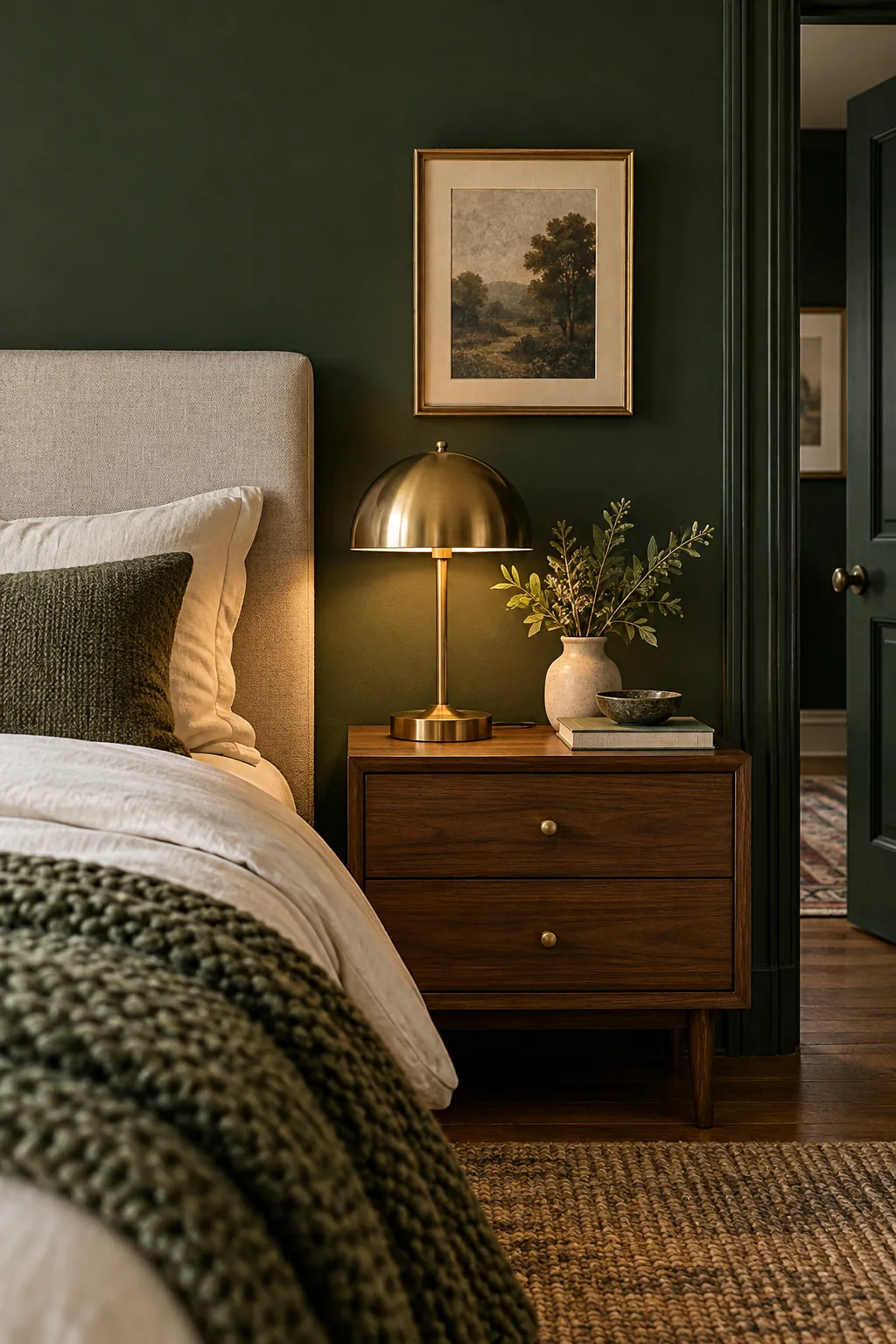 Bed dressed in cream linens and a chunky green throw.