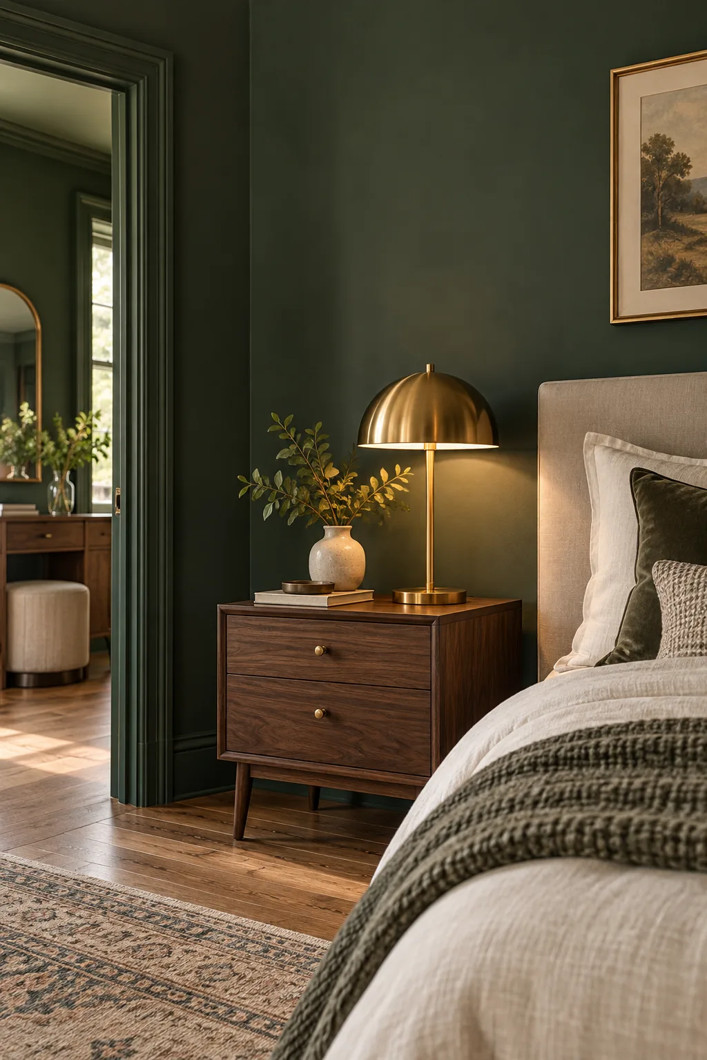 Walnut nightstand with a brass lamp and ceramic vase.
