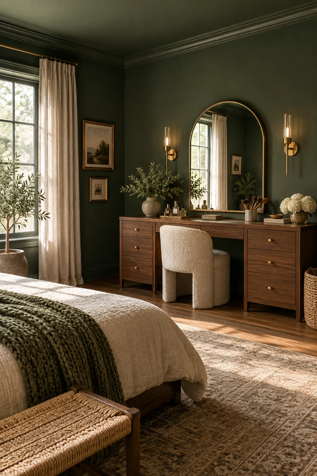 Fully styled bedroom vanity area featuring seamless green paint.