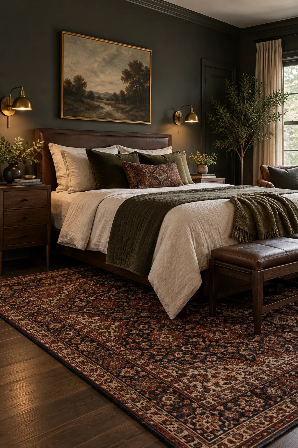 A moody bedroom with charcoal walls and a vintage Persian rug.