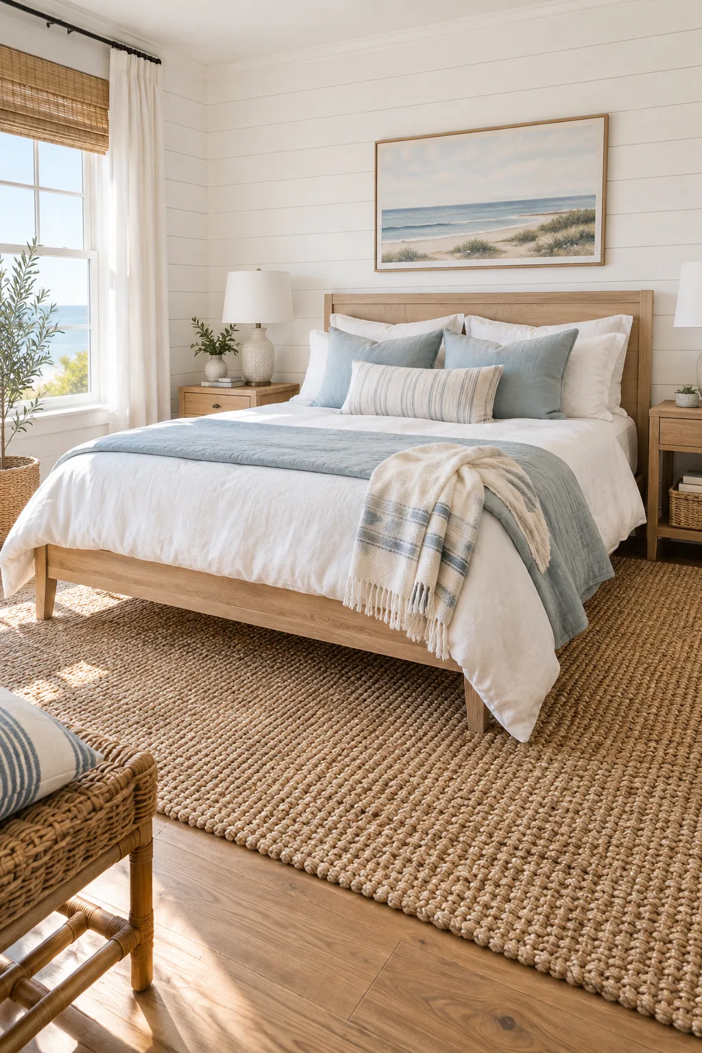 A coastal bedroom with white shiplap walls and a chunky jute rug.