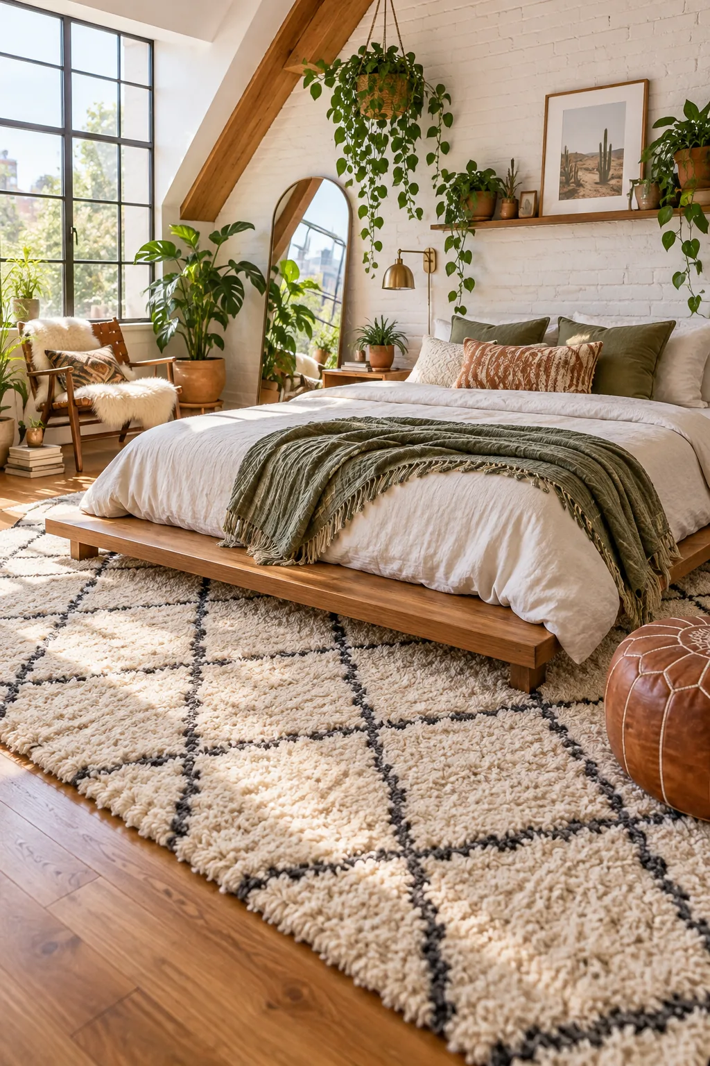 A boho loft bedroom with a low platform bed and a geometric Moroccan shag rug.