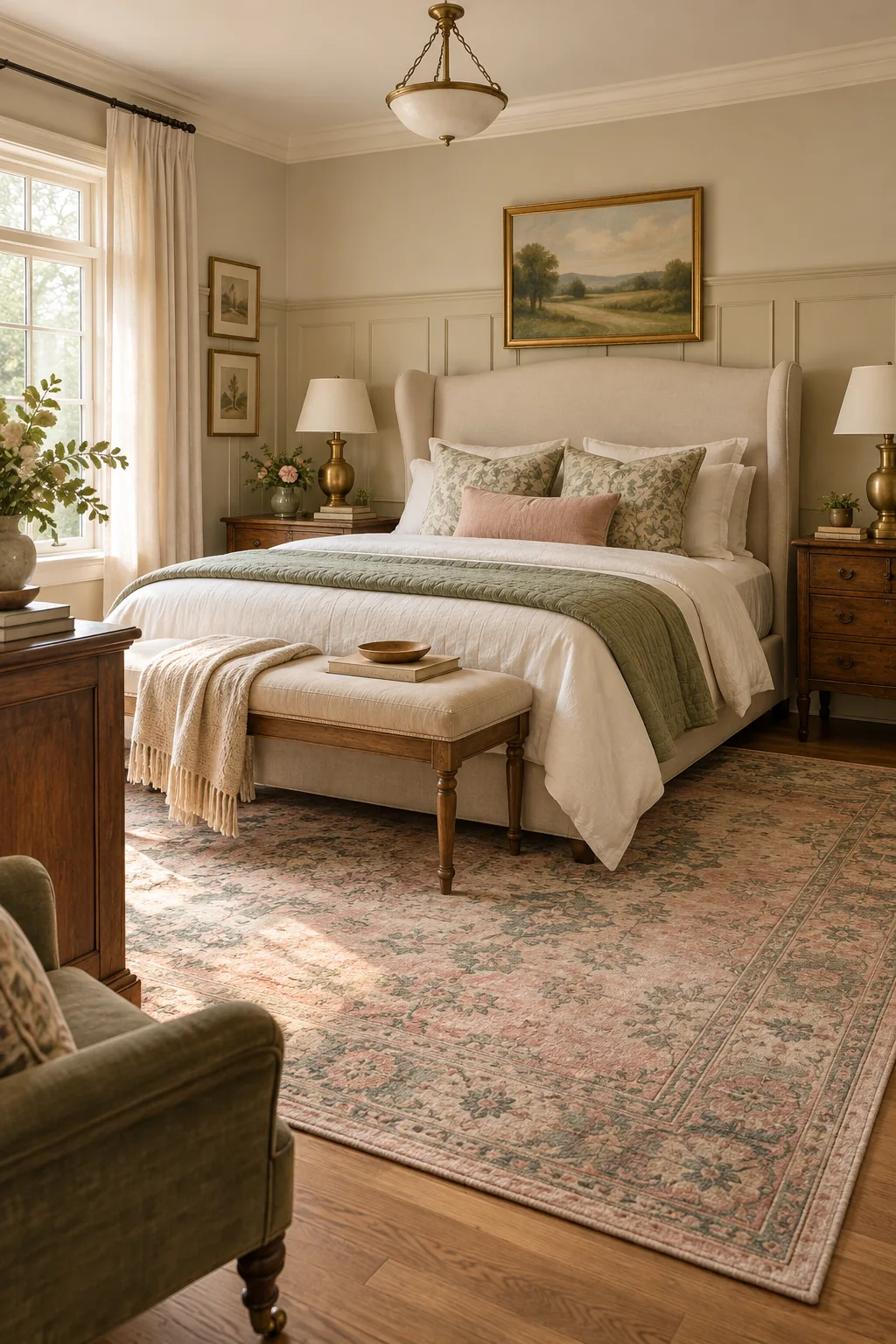 A traditional bedroom with beige wainscoting and a faded pastel Oushak rug.