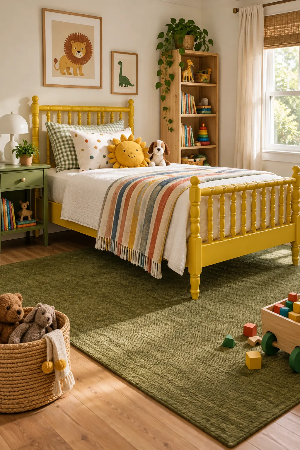 A kid's bedroom with a yellow twin bed and a solid olive green performance rug.
