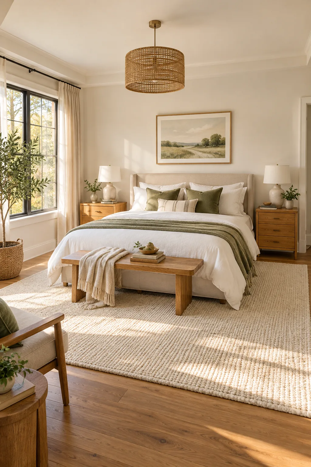 Wide view of a primary bedroom with a perfectly proportioned cream rug under a nicely made queen bed.