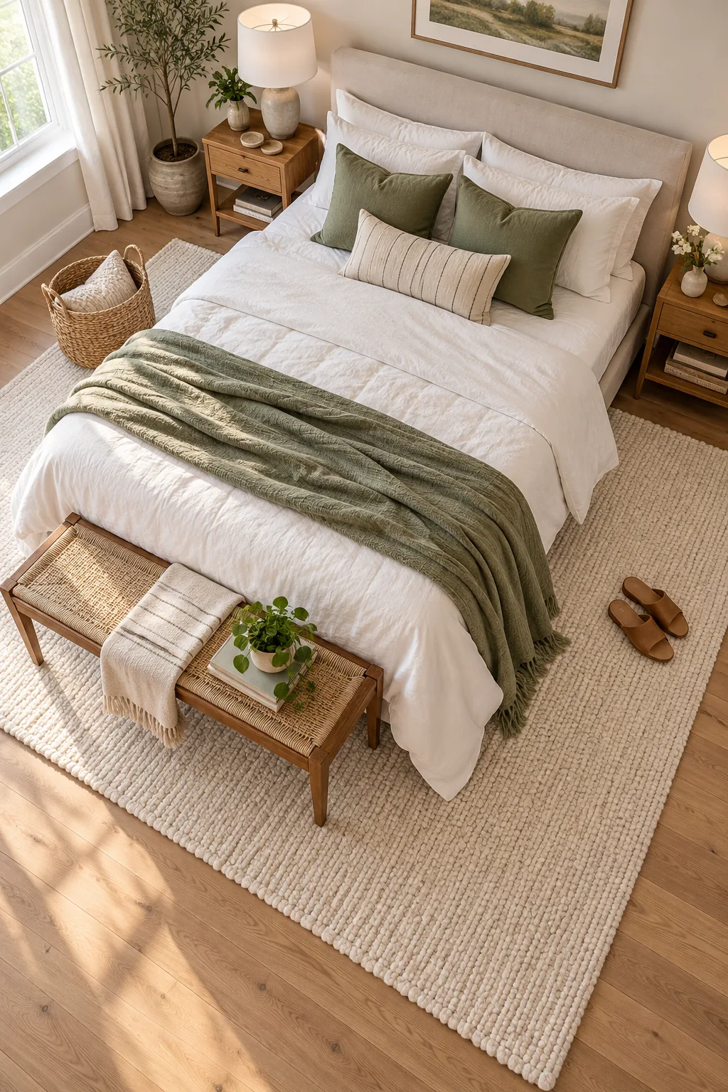 Side view of a bed showing the rug starting exactly below the pillow line.