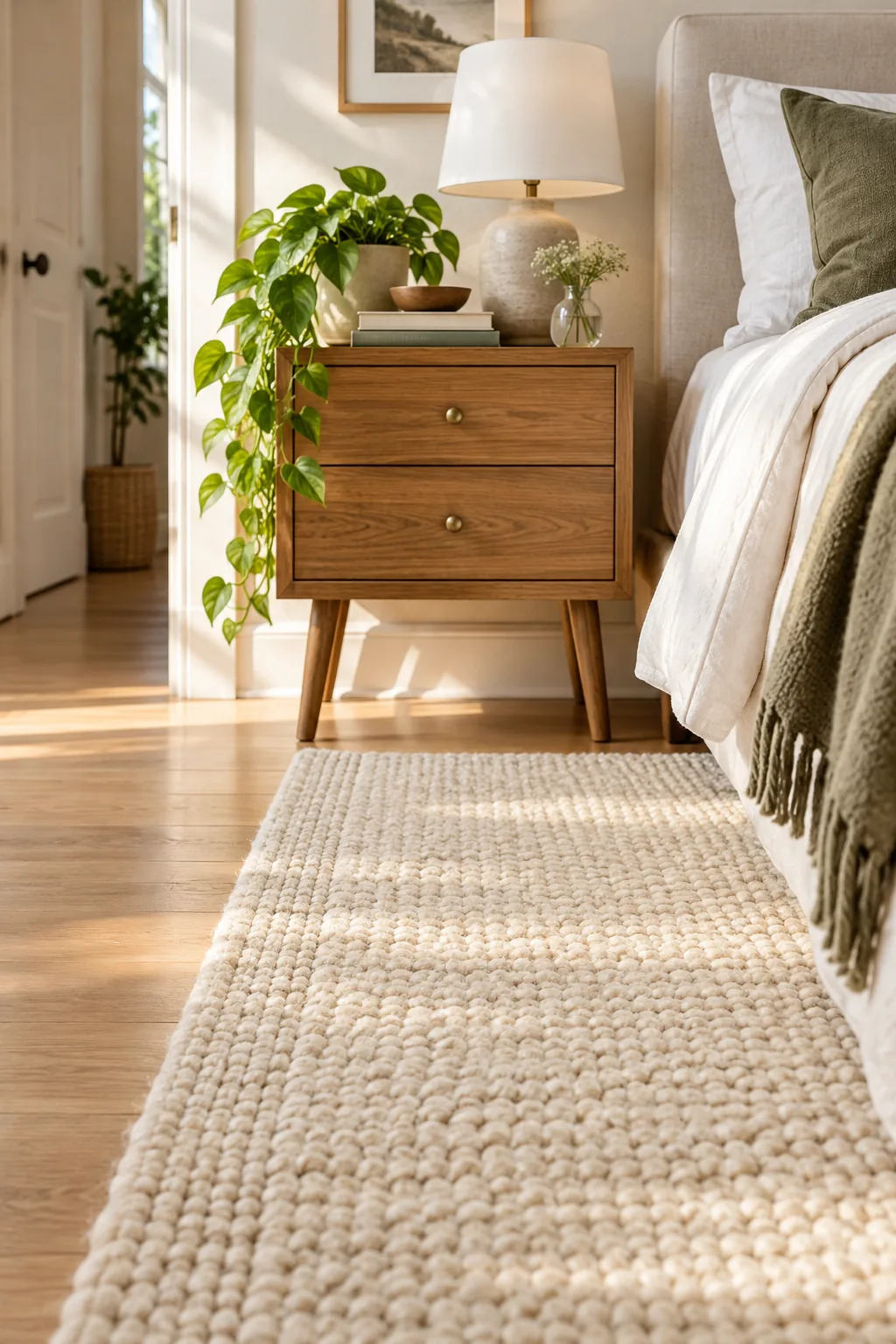 Elevated view of a queen bed with an 8x10 rug turned sideways beneath it.