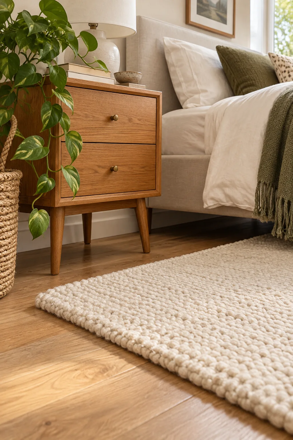 Low angle showing a nightstand sitting entirely on bare floor just behind the edge of a rug.