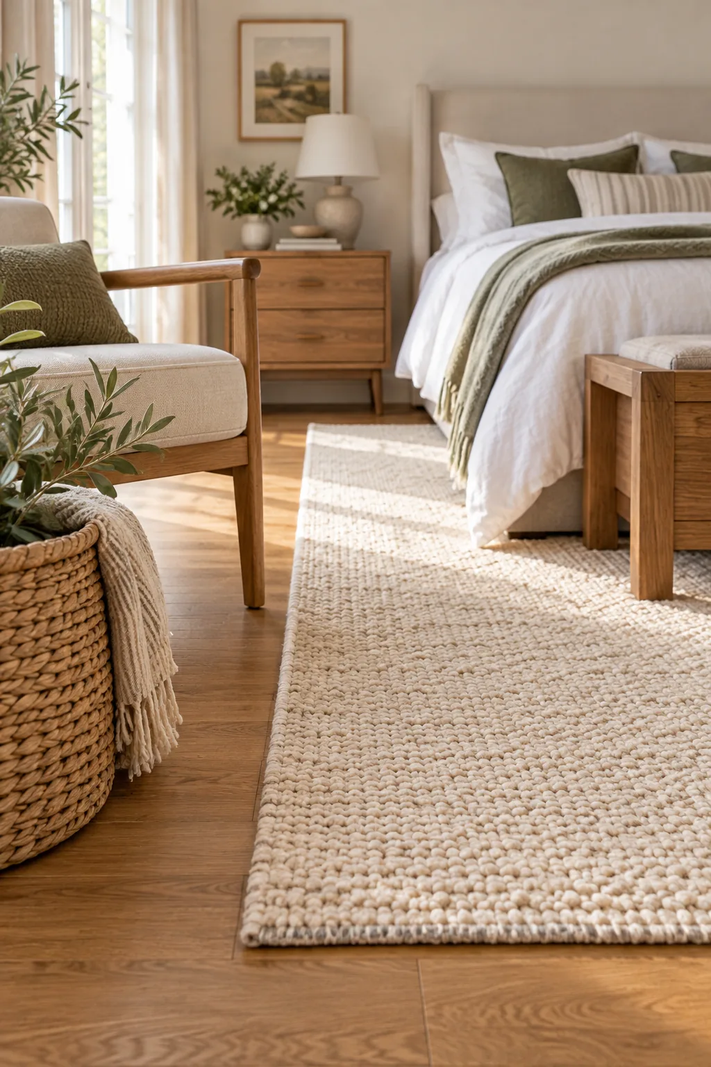 View from the foot of the bed showing the rug extending outward with a wooden bench on top.