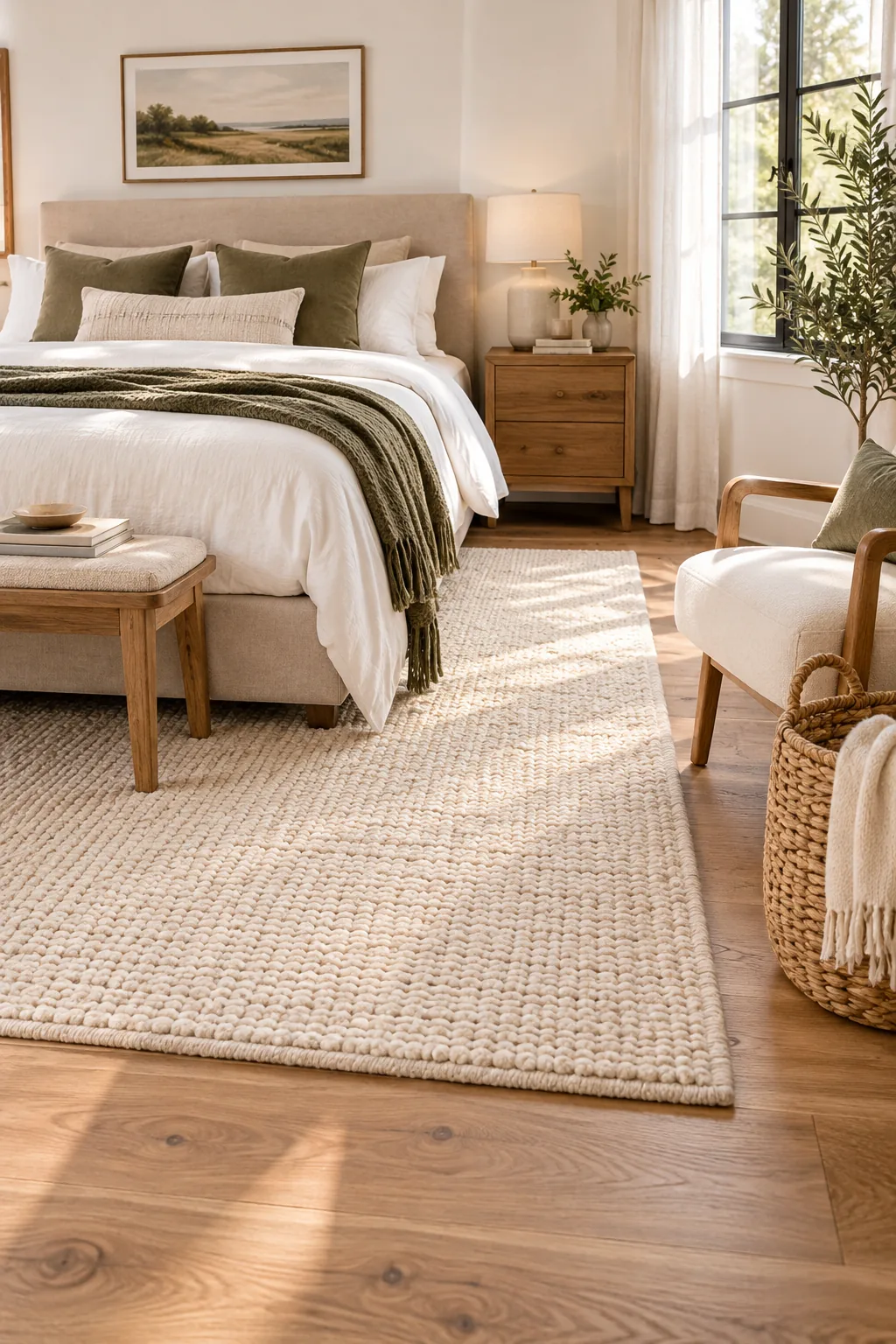 A perfectly placed rug corner near an accent chair and woven basket.