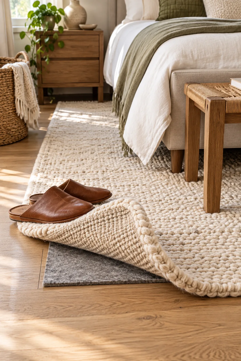 A rug corner slightly flipped back to reveal a recessed felt pad underneath.