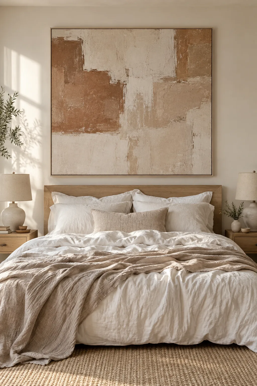 Large abstract canvas hanging above a wooden bed frame
