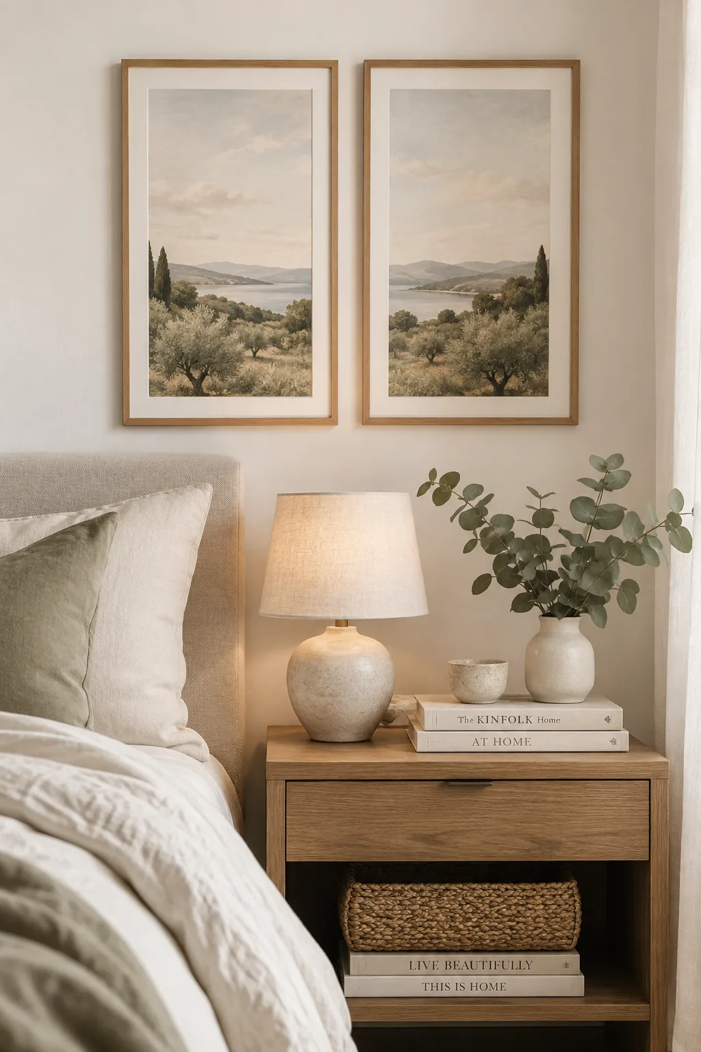 Two identical framed prints hanging side by side over a bed