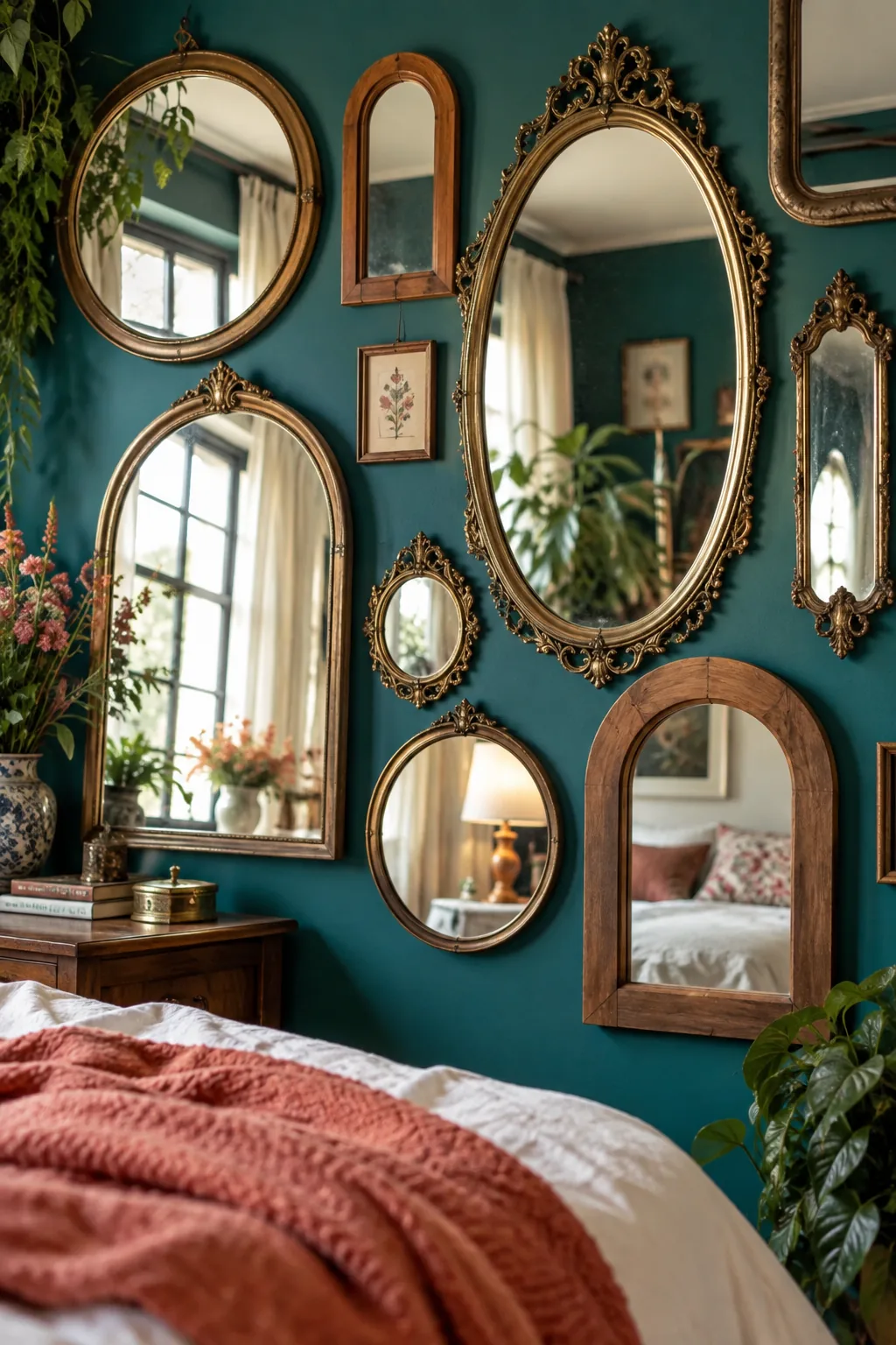 Gallery wall made of various vintage mirrors
