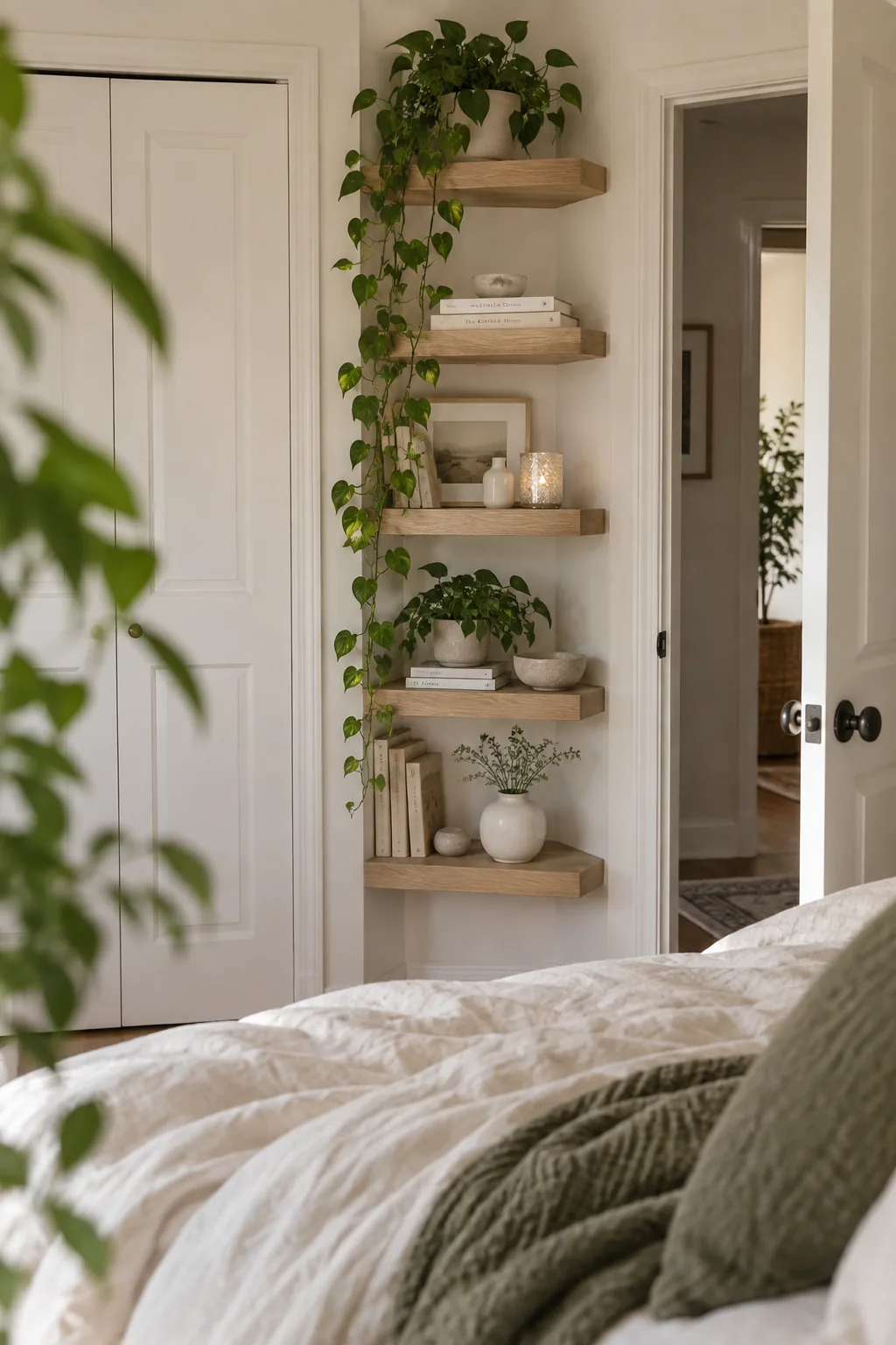 Vertical stack of floating shelves in a narrow bedroom corner
