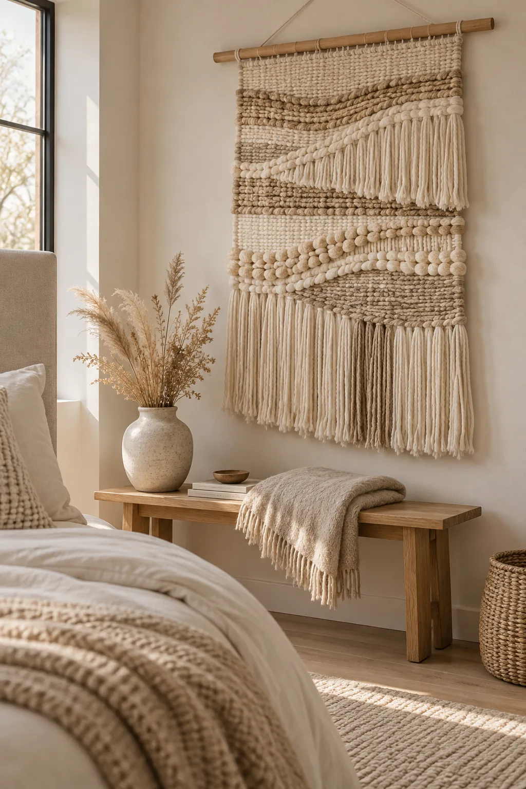 Woven macrame wall hanging above a bed