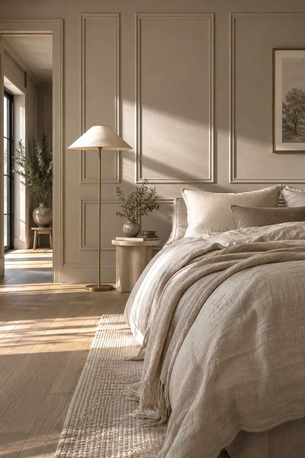 Bedroom wall with applied picture molding painted to match