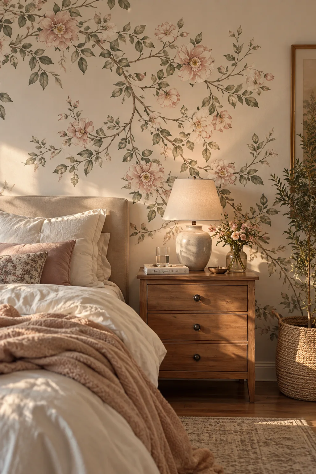 Large floral mural decal placed asymmetrically on a bedroom wall