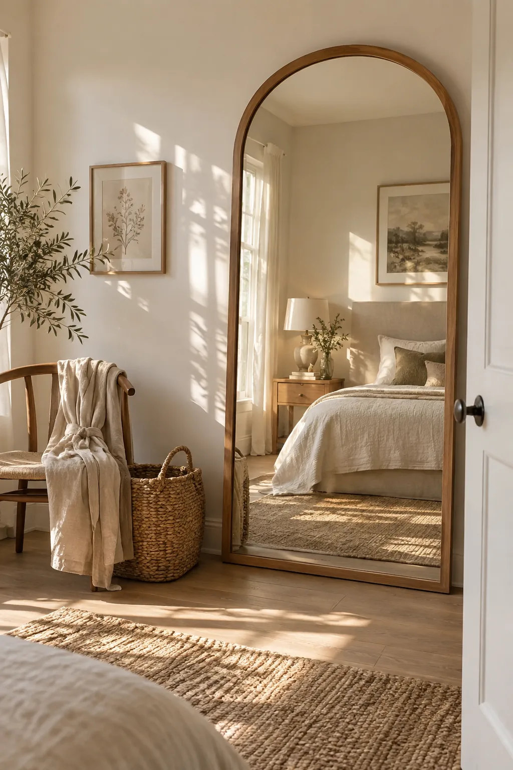 Oversized floor mirror leaning against a bedroom wall