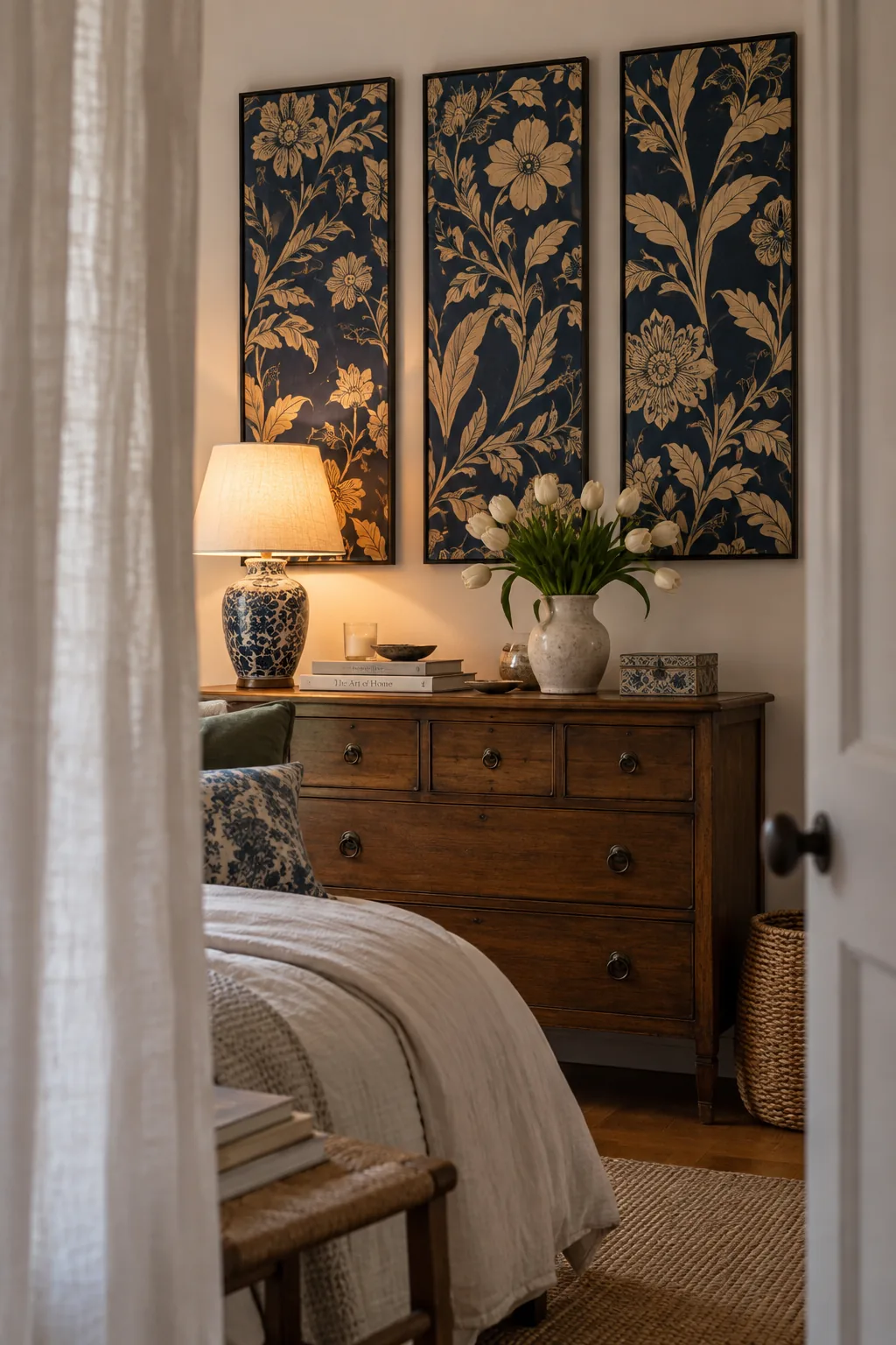 Framed panels of floral designer wallpaper on a white wall
