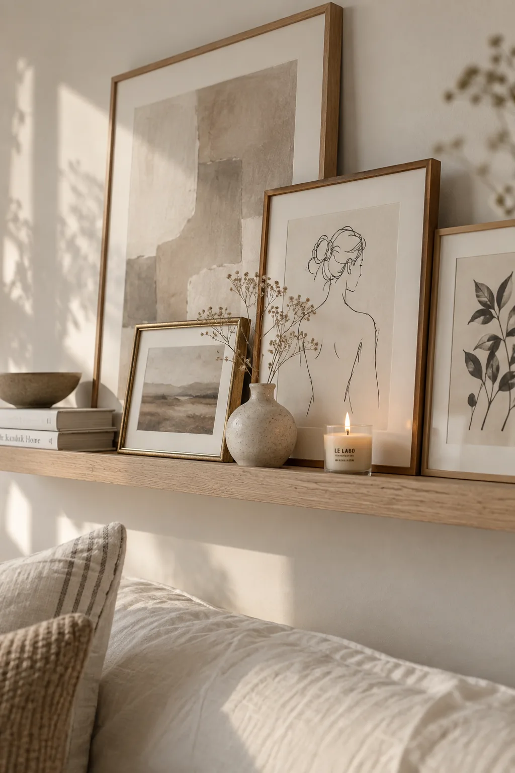 Wooden picture ledge holding overlapping framed art