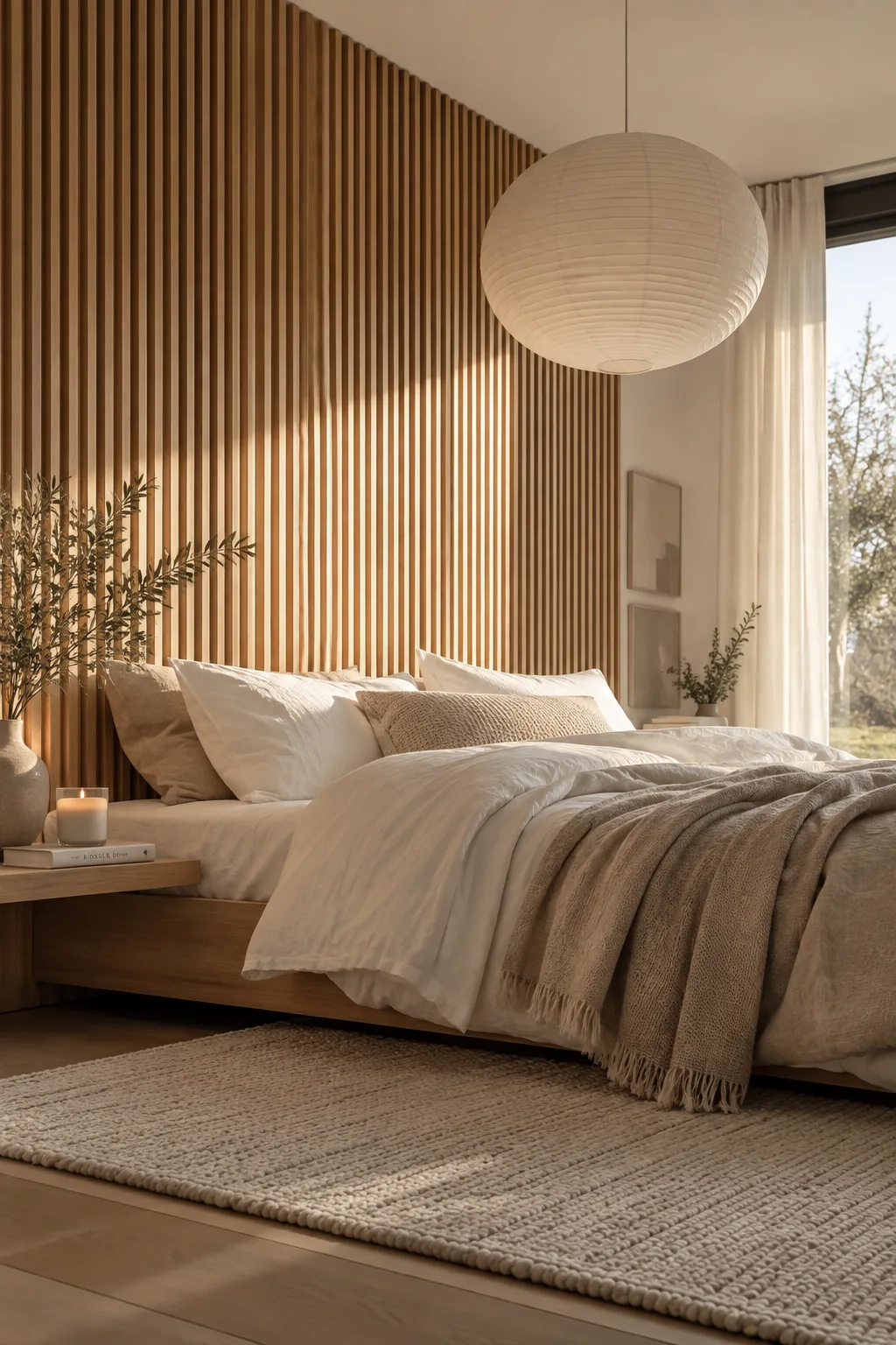 Floor-to-ceiling vertical wood slats on a bedroom wall